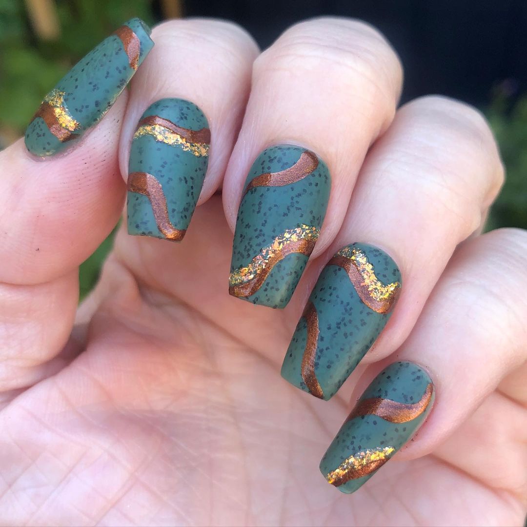 Teal Brown And Gold Nails