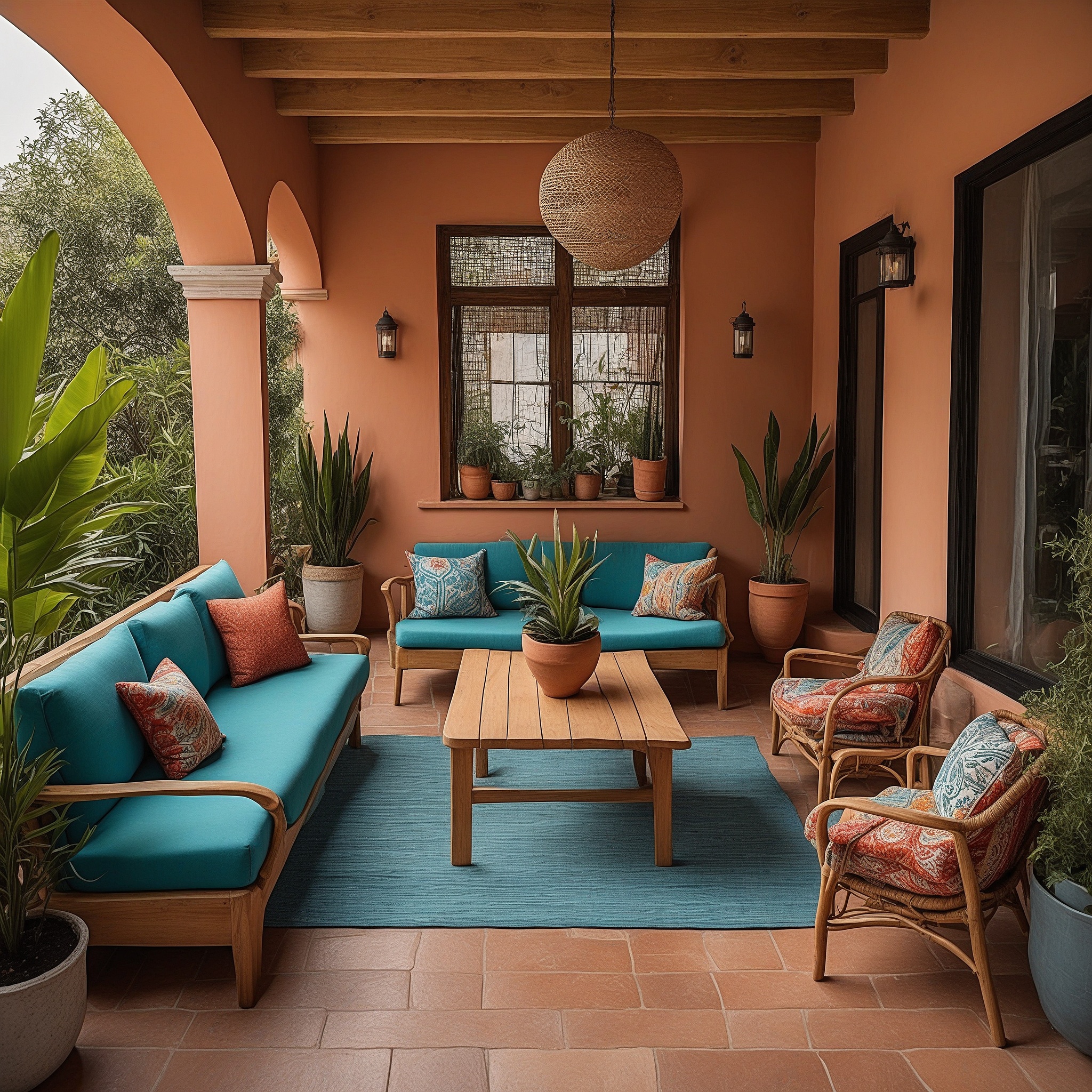 Terracota Color Patio With Blue CUshioned Furniture and Wicker Chairs