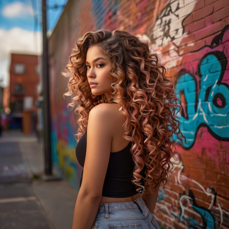 Thick Volumenous Curl With Rose Gold Balayage