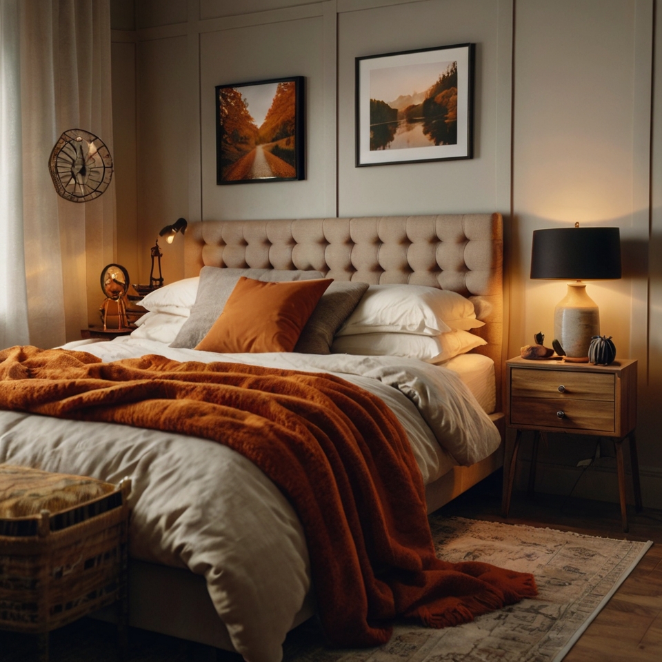 Tufted Beige Bed Frame With Dark Orange Bedding, Vntage-style Nightstands