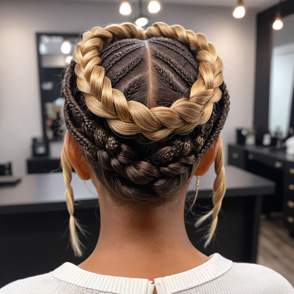 Updo With Cornrows And Braided Crown With Blonde And Brown Color Blcked Hair