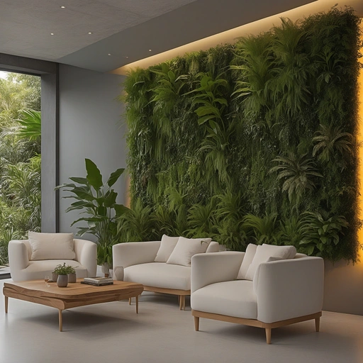 Vertical Garden Wall On Backlit Bamboo Frame With Philodendron, Ferns And Calatheas