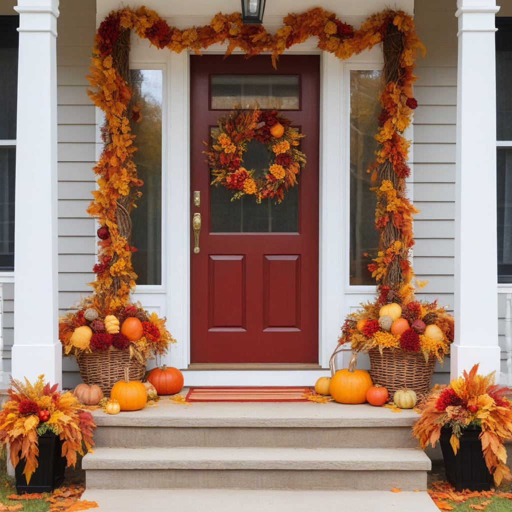 Vibrant Orange, Yellow And Red Flowers Garland Around Door, Wicker Baskets And Planterns With Fall Flowers And Pumpkins