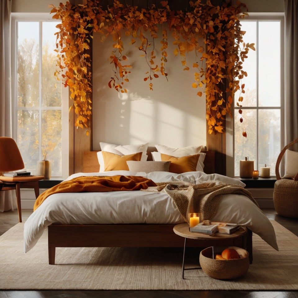 White Bedding With Orange and Yellow Pillows, Floating Shelves With Hanging Leafy Garland and Decorative Pumpkins