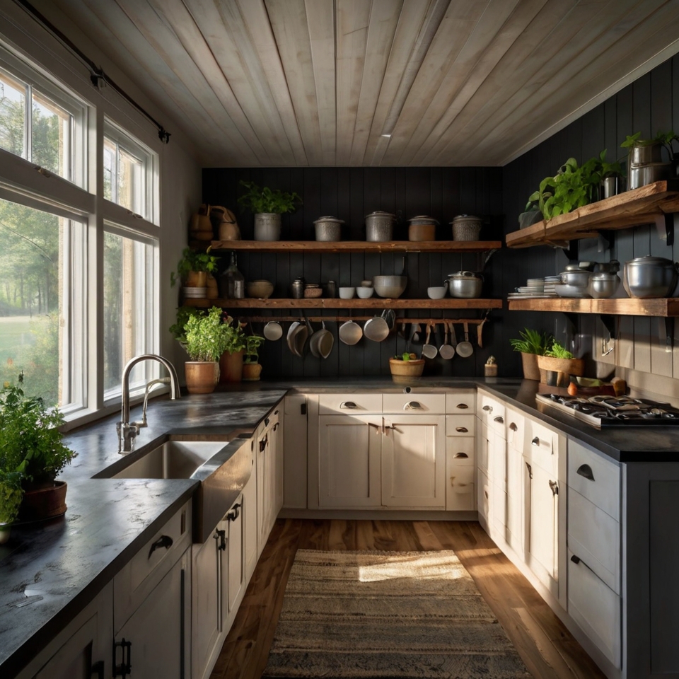 White Cabinetry, Dark Granite Countertops, Stainless Steel Appliances, Rustic Shelving