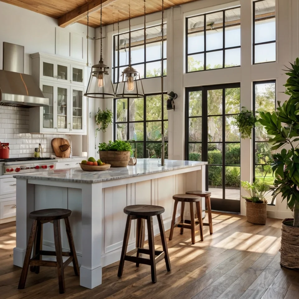 White Cabinets, Subway Tile Backsplash, Large Kitchen Island with Marble Countertop