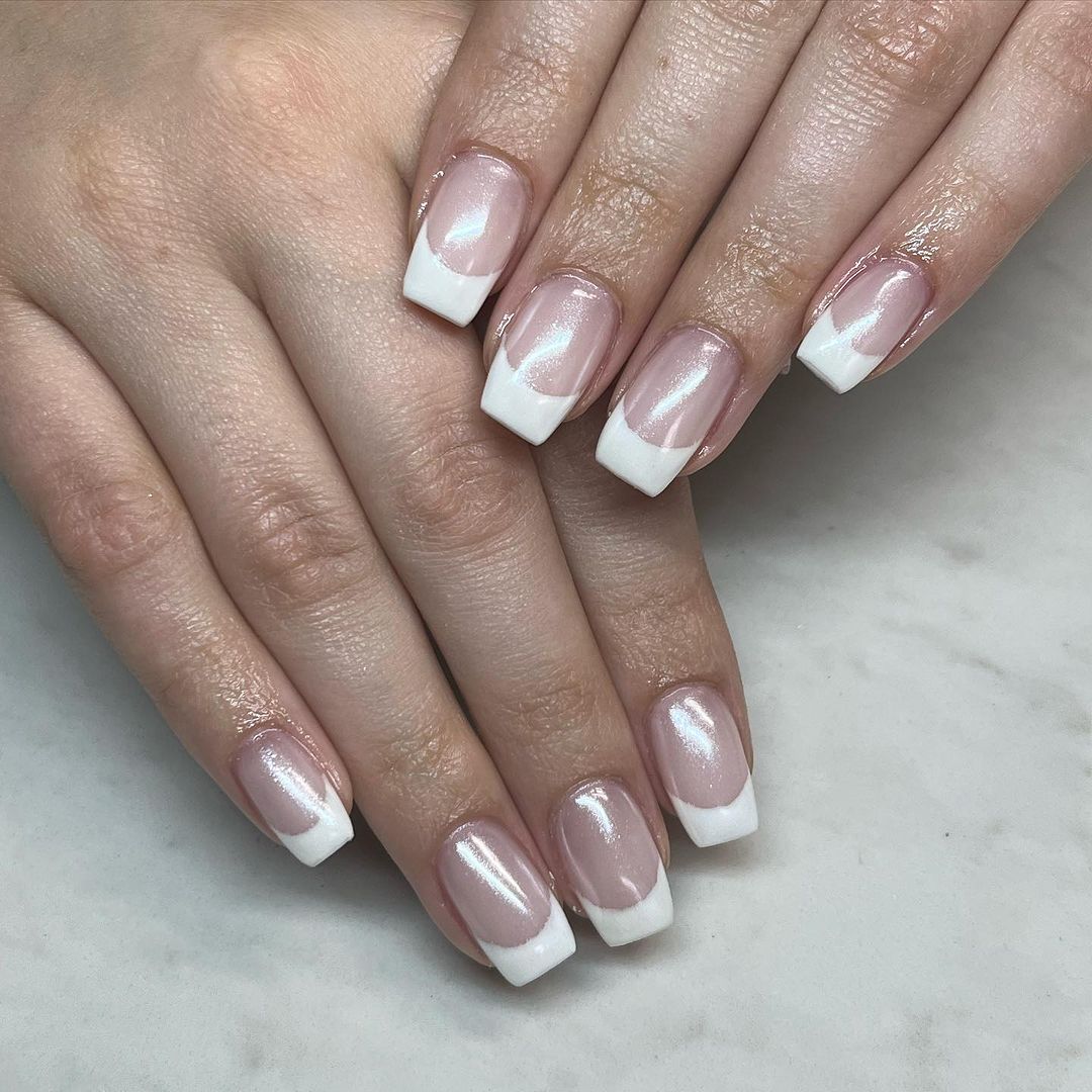 White French Mani With Chrome Shine