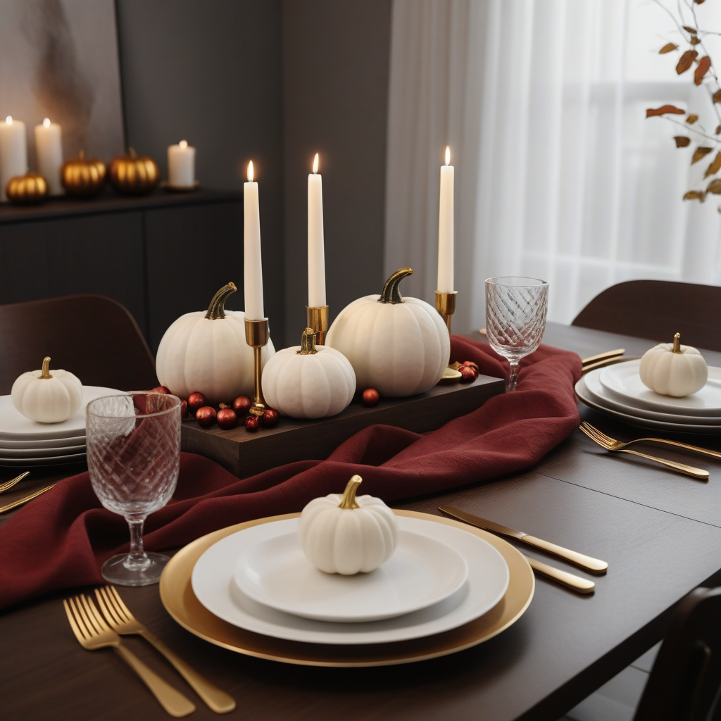 White Pumpkin Decor With Deep Red Napkin And Gold Accents