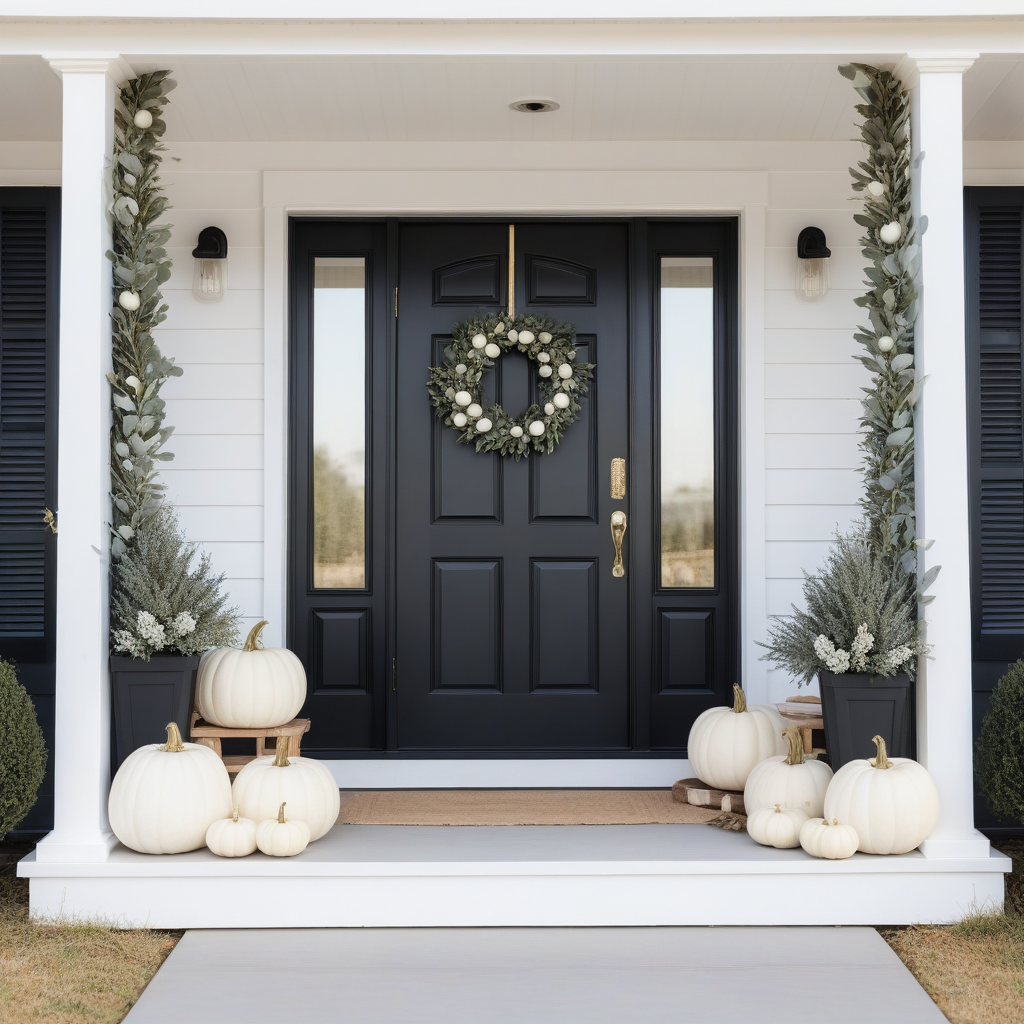 White Pumpkings With Eucaliptus Leaves, Silver Accents And White Pumpkin Wreath