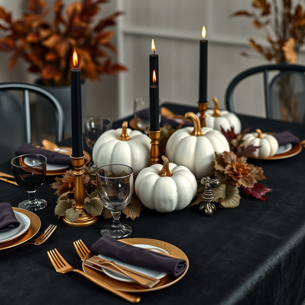 White Pumpkins, Black Candles And Gold Cutlery With Black And Purple Accents