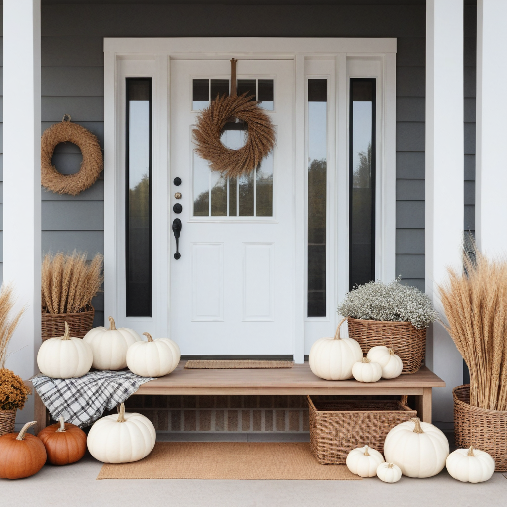 White Pumpkins, Wicker Baskets with Whear And Flowers On A Wooden Bench