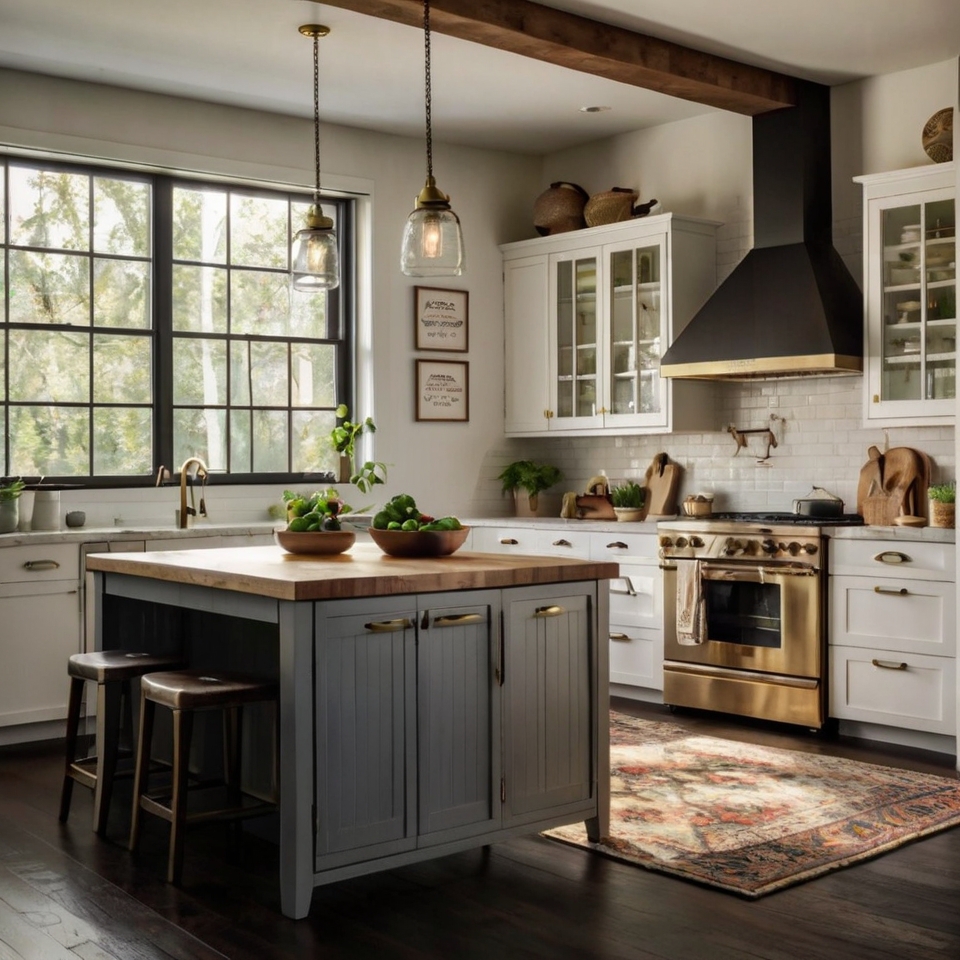 White Shaker Cabinets, Butcher Block Island, Bbrass Pendant Lights, Dark Hardwood Floors