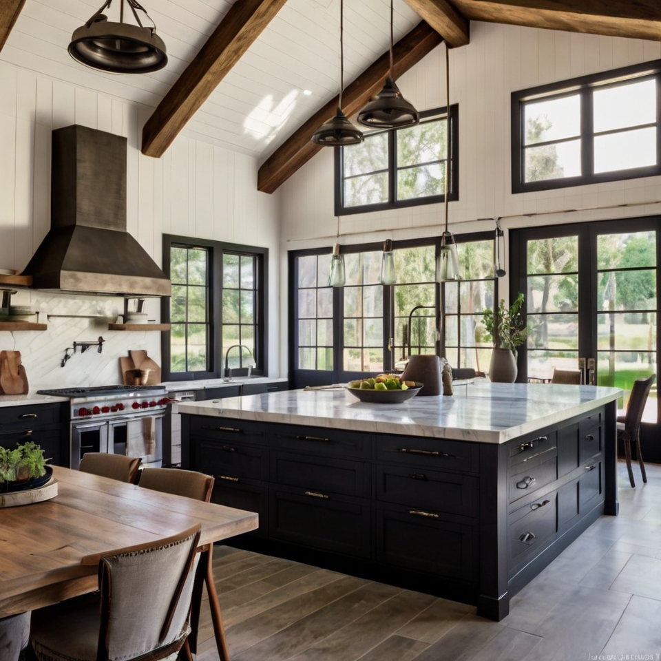 White Shiplap Walls, Island with Marble Countertop, Rustic Wooden Beams, Black Farmhouse Sink, Open Shelving