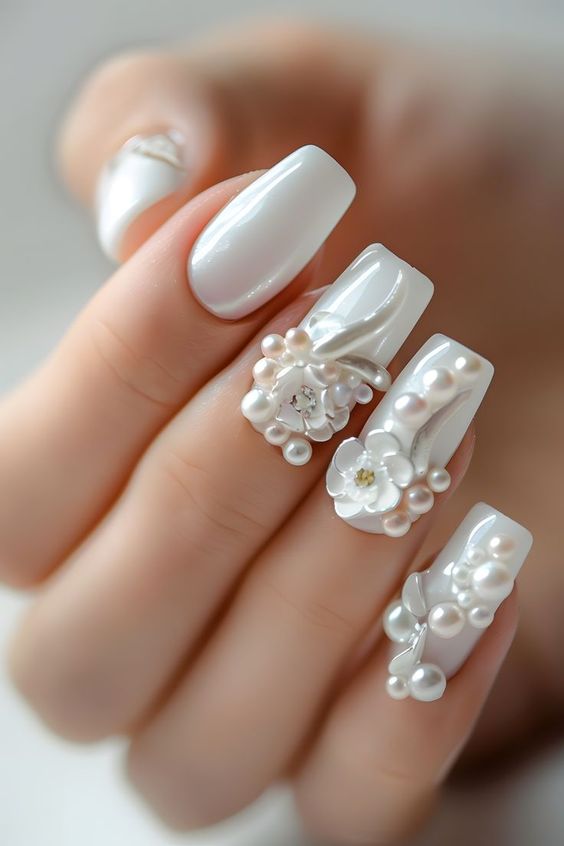 White Swuare Nails With #d Flowers And Pearls