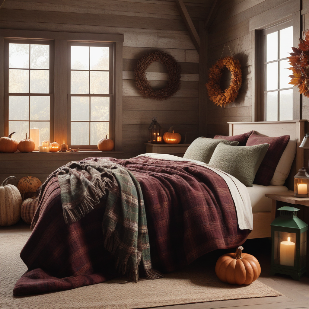 Whitewashed Wood Walls, Burgundy And Green Plaid Bedding, Fall Wreath And Pumpkins