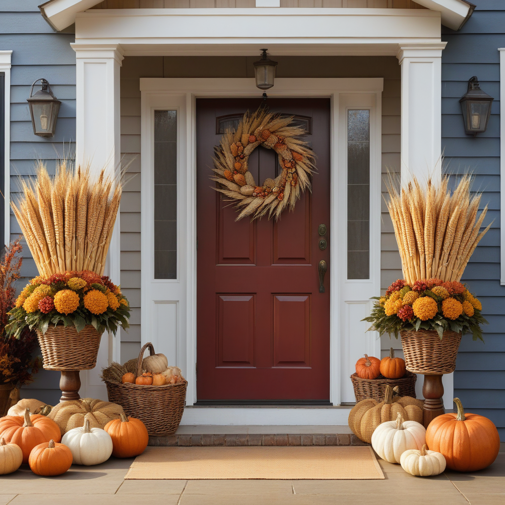 Wicker Planters With Flowers And Wheat Stalks, Pumpkins And wreath