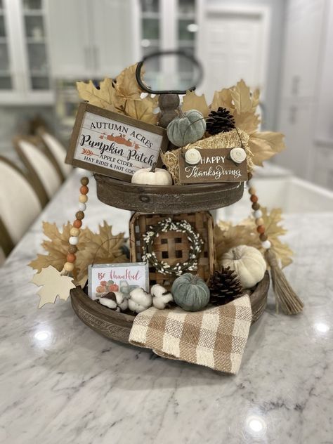 Wood Brown Fall Leaves And Faux Pumpkin Patch Tiered Tray Display