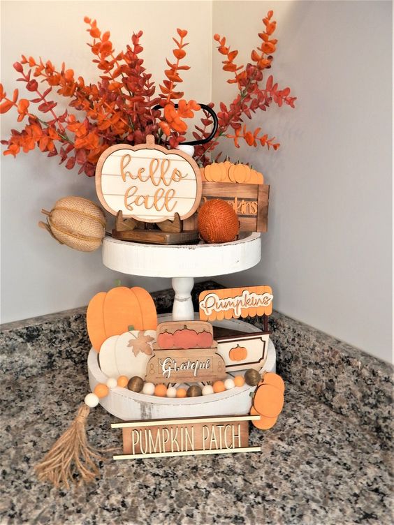 Wood Pumpkin Patch Tiered Tray Set