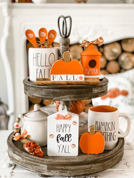 Wood Sign And Cups Pumpkin Spice Tiered Tray Display