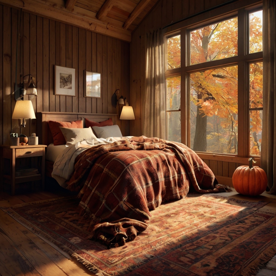 Wood-paneled Walls, Plaid Bedding in Warm Tones, Vintage Lanterns