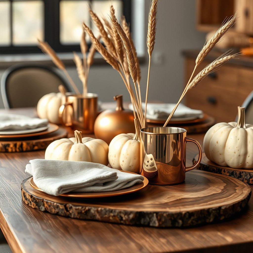 Wooden Chargers, Copper Cups, Dried Wheat Stalks And Pumpkins