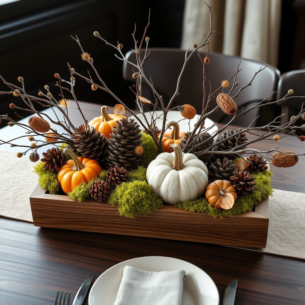 Wooden Tray With Moss, Pinecones And Pumpkins