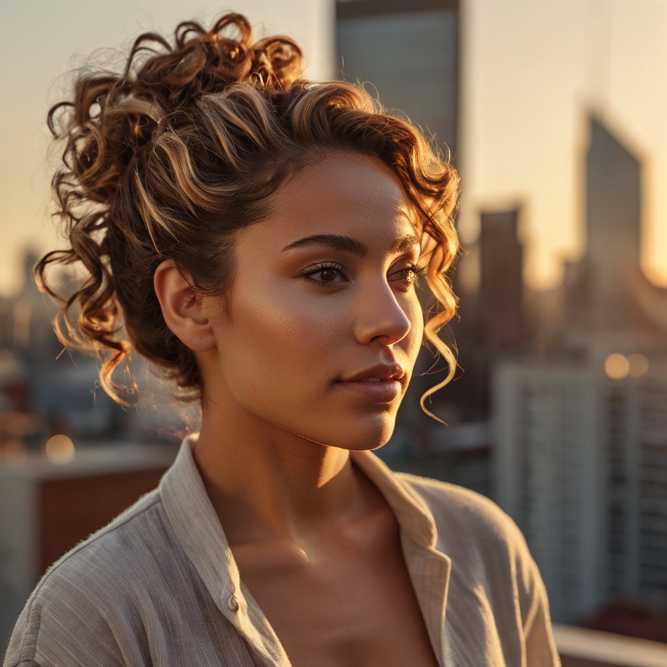 honey Brown Curls With Platinum Streaks Into Messy Bun