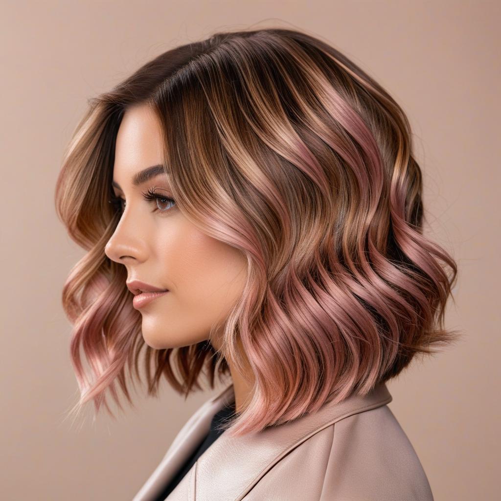 light Brown Long Bob With Rose Gold Balayage