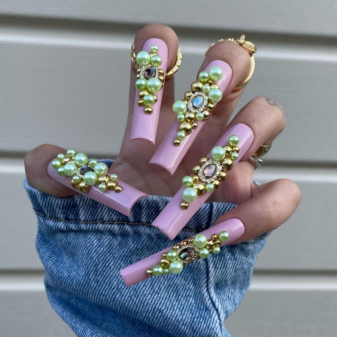 long Pink Square Nails With Pearls And Rhinestones