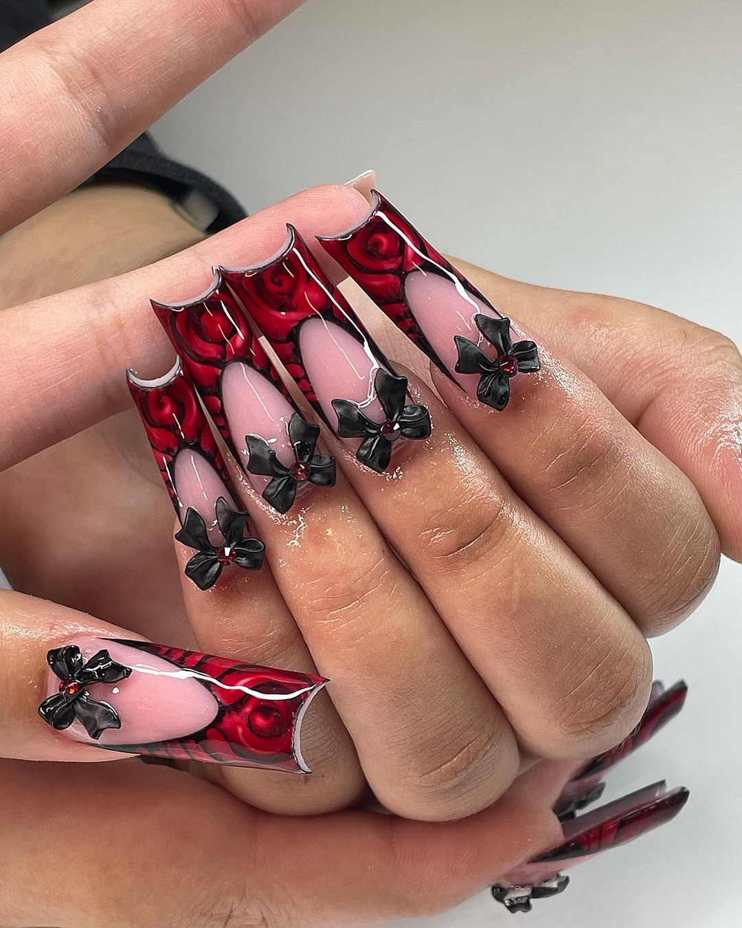 long Square Red And Black French Mani With 3D Bows