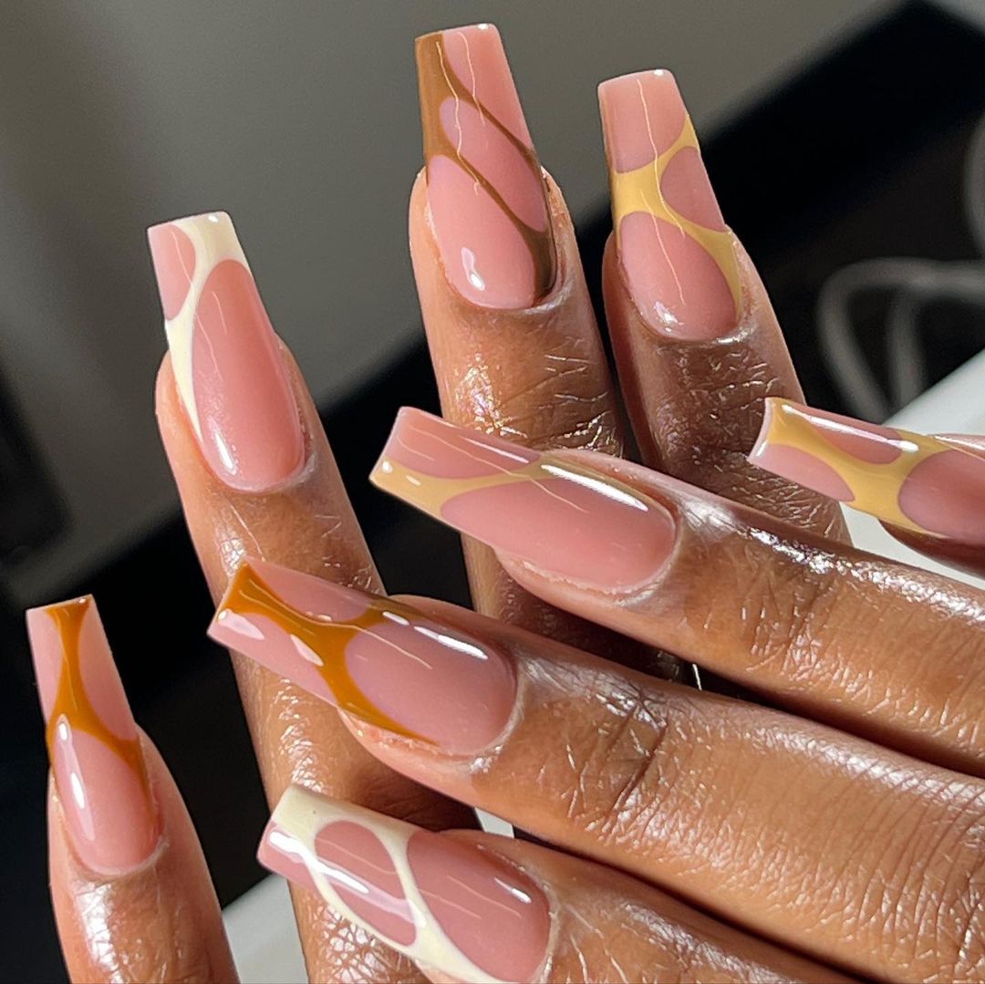 nude CoffinNails With Fall Color Lines