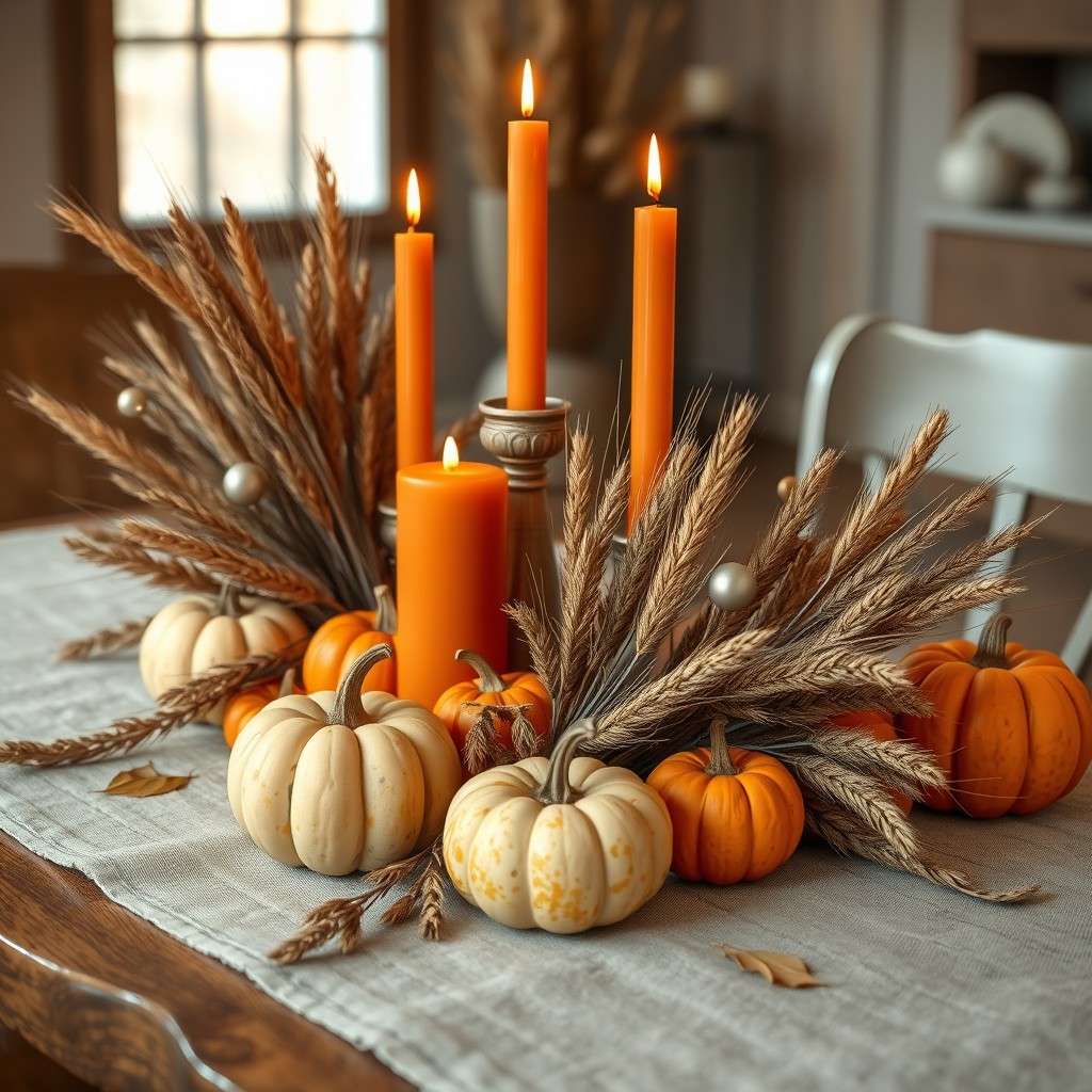 orange Cndles, Dried Wheat Stalks And Small Pumpkins