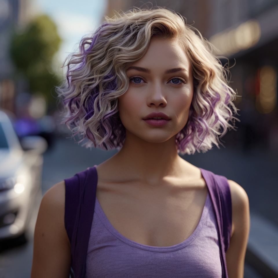 Ash Blonde Curly Bob With Violet Highlights