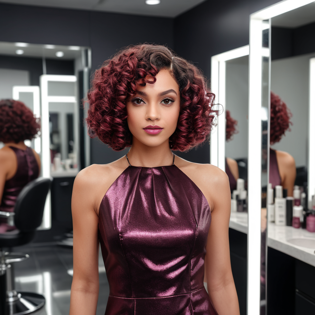 Black Curly Bob With Burgundy Highlights