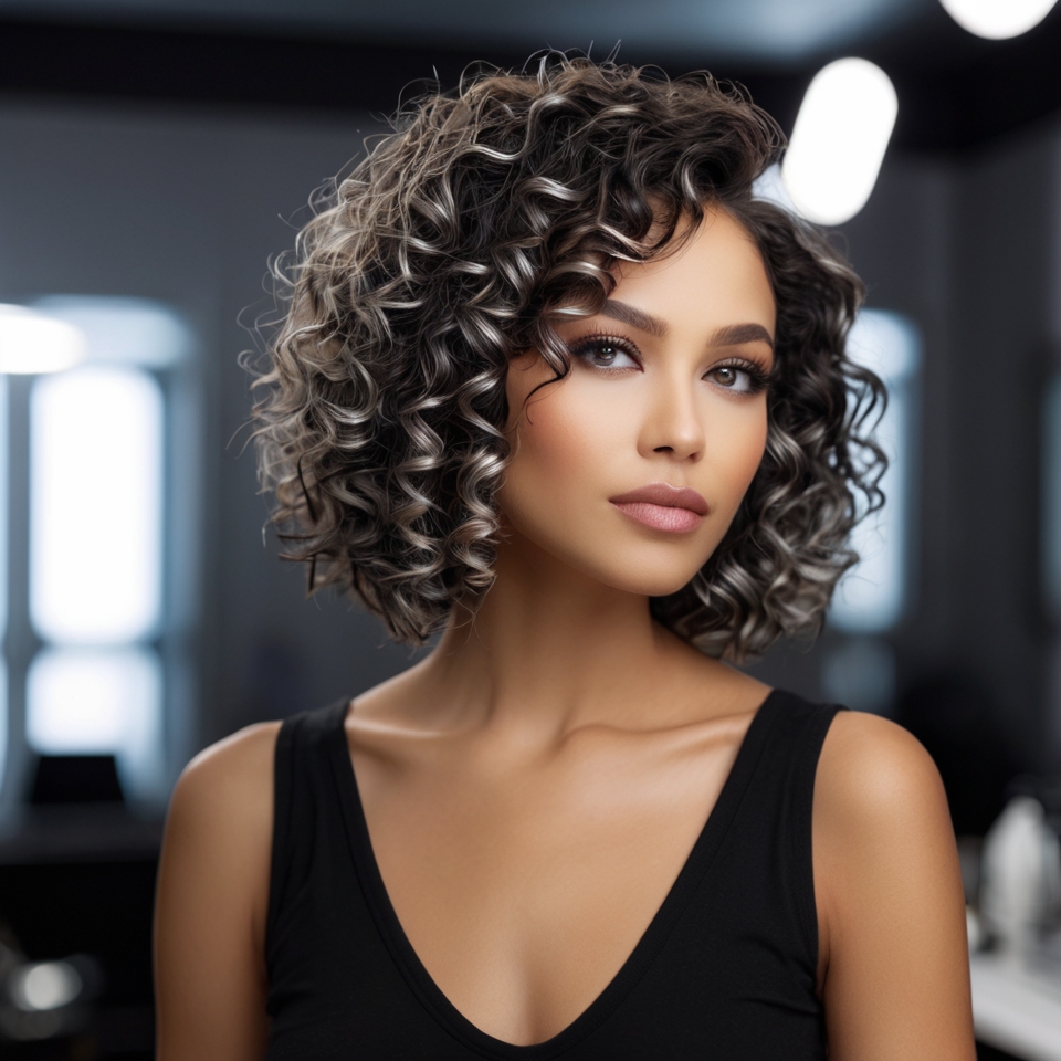 Black Curly Bob With Silver Highlights