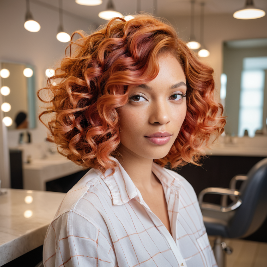 Copper Curly Bob With Strawberry Blonde Highlights