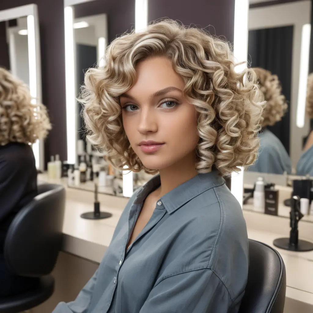 Dark Blonde Curly Bob With Platinum Highlights