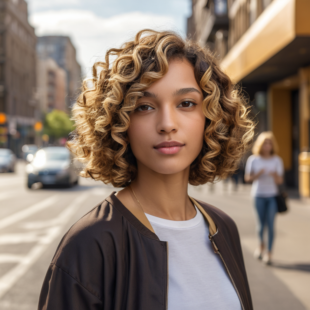 Dark Brown Curly Bob With Honey Blonde Highlights