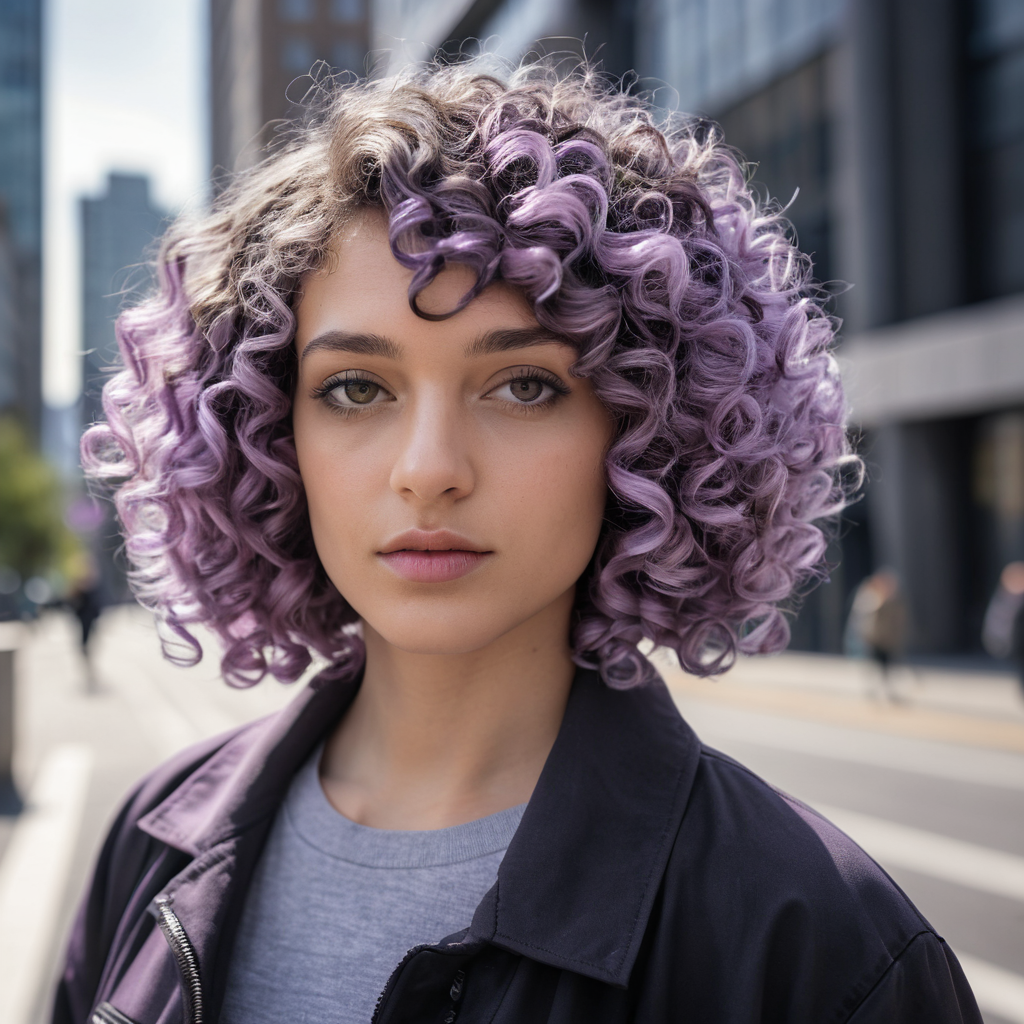 Dark Brown Curly Bob With Lavender Highlights