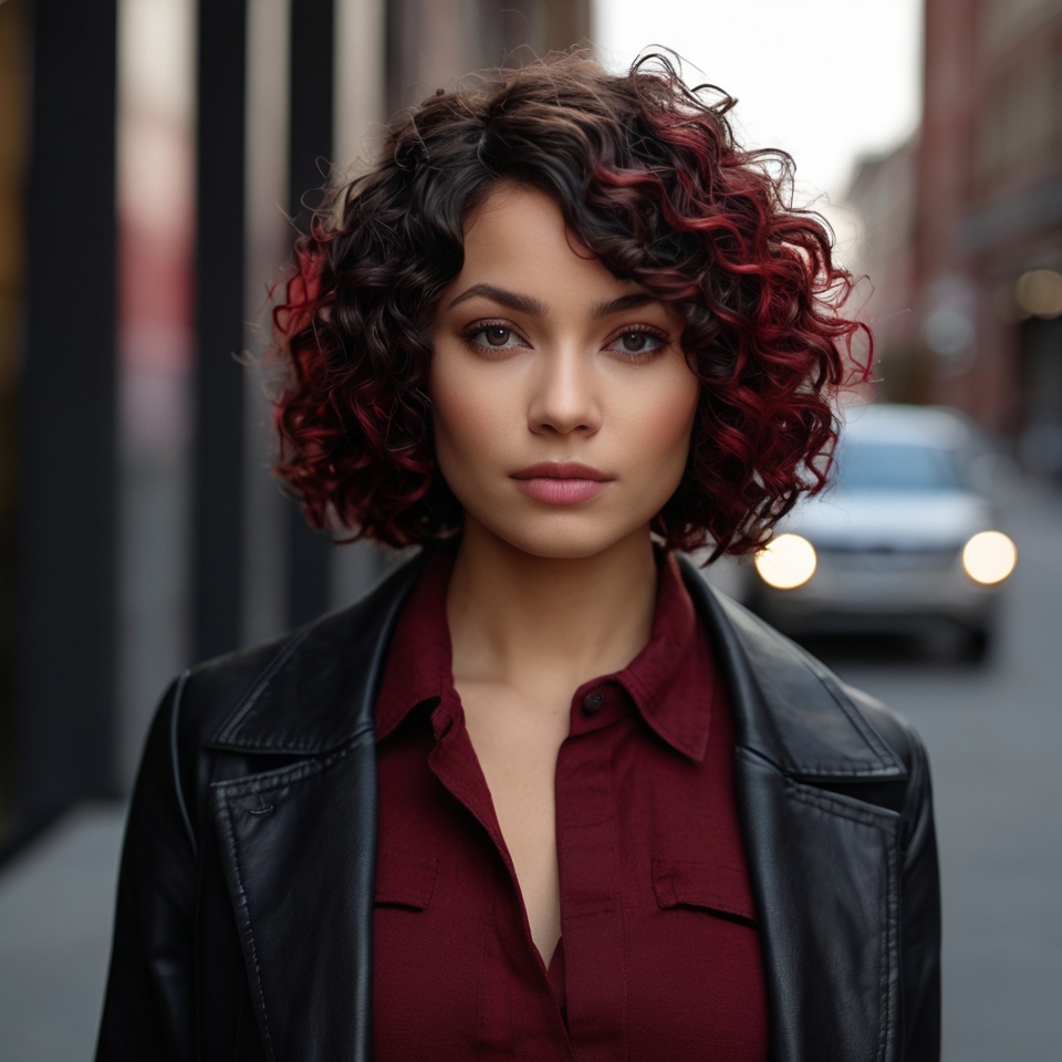 Jet Black Curly Bob With Cherry Red highlights