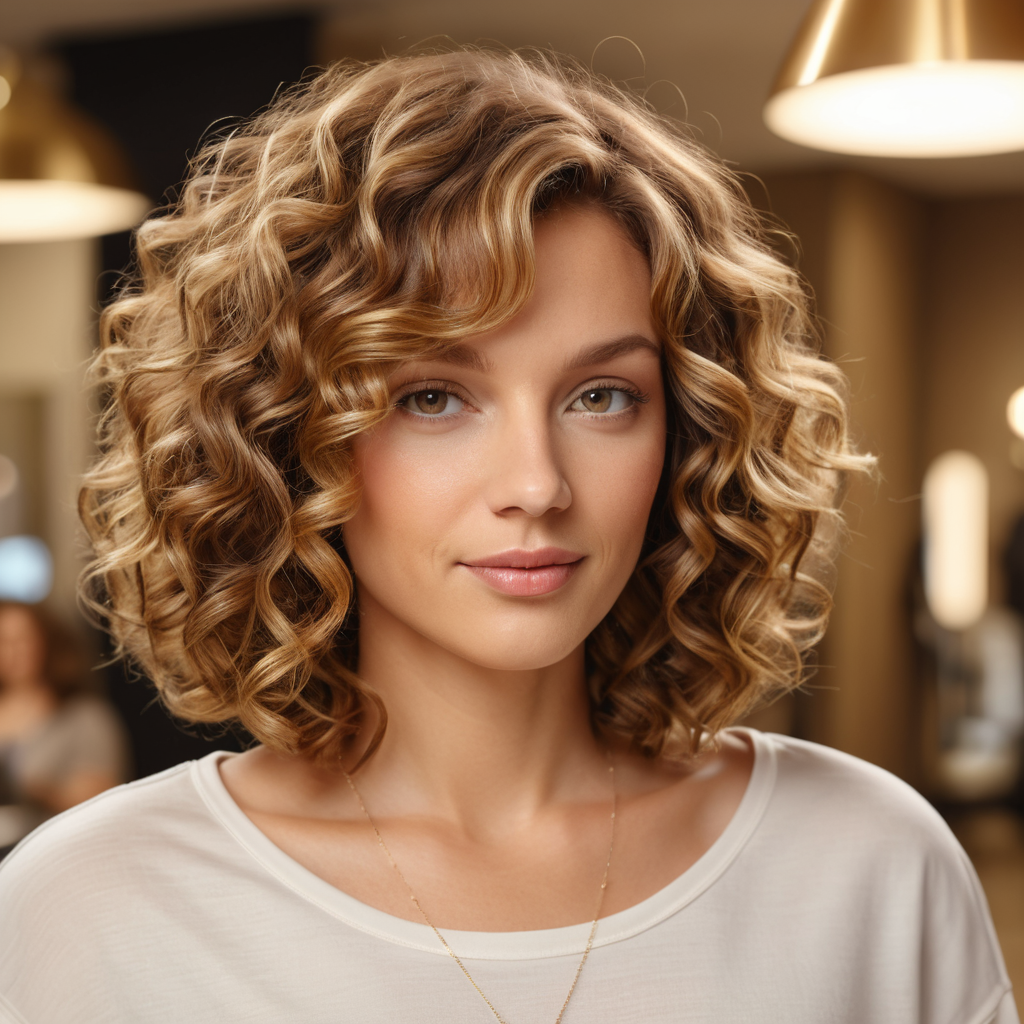 Light Brown Curly Bob With Honey Highlights