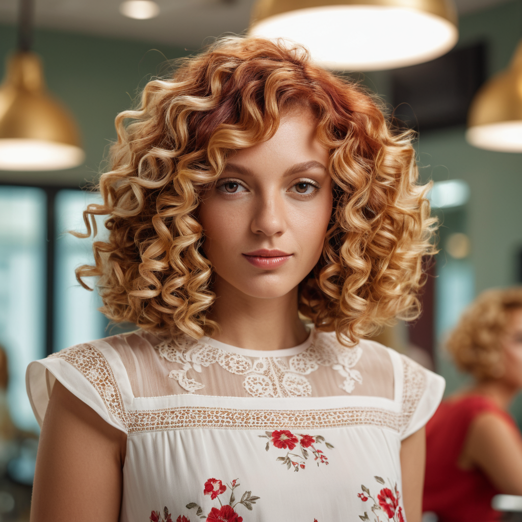 Red Curly Bob With Blonde Highlights