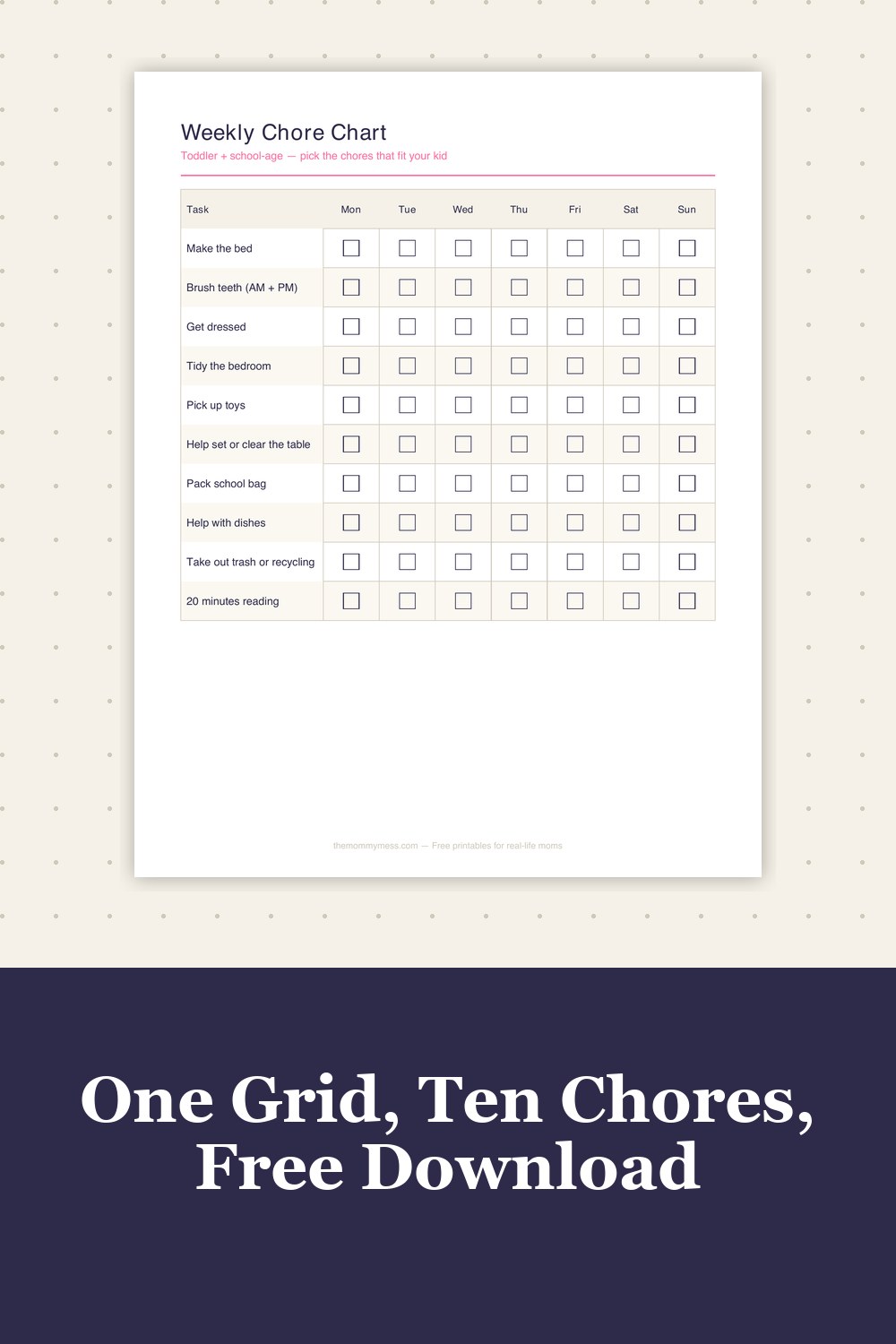 Printable Chore Chart for Kids preview — one-grid mockup