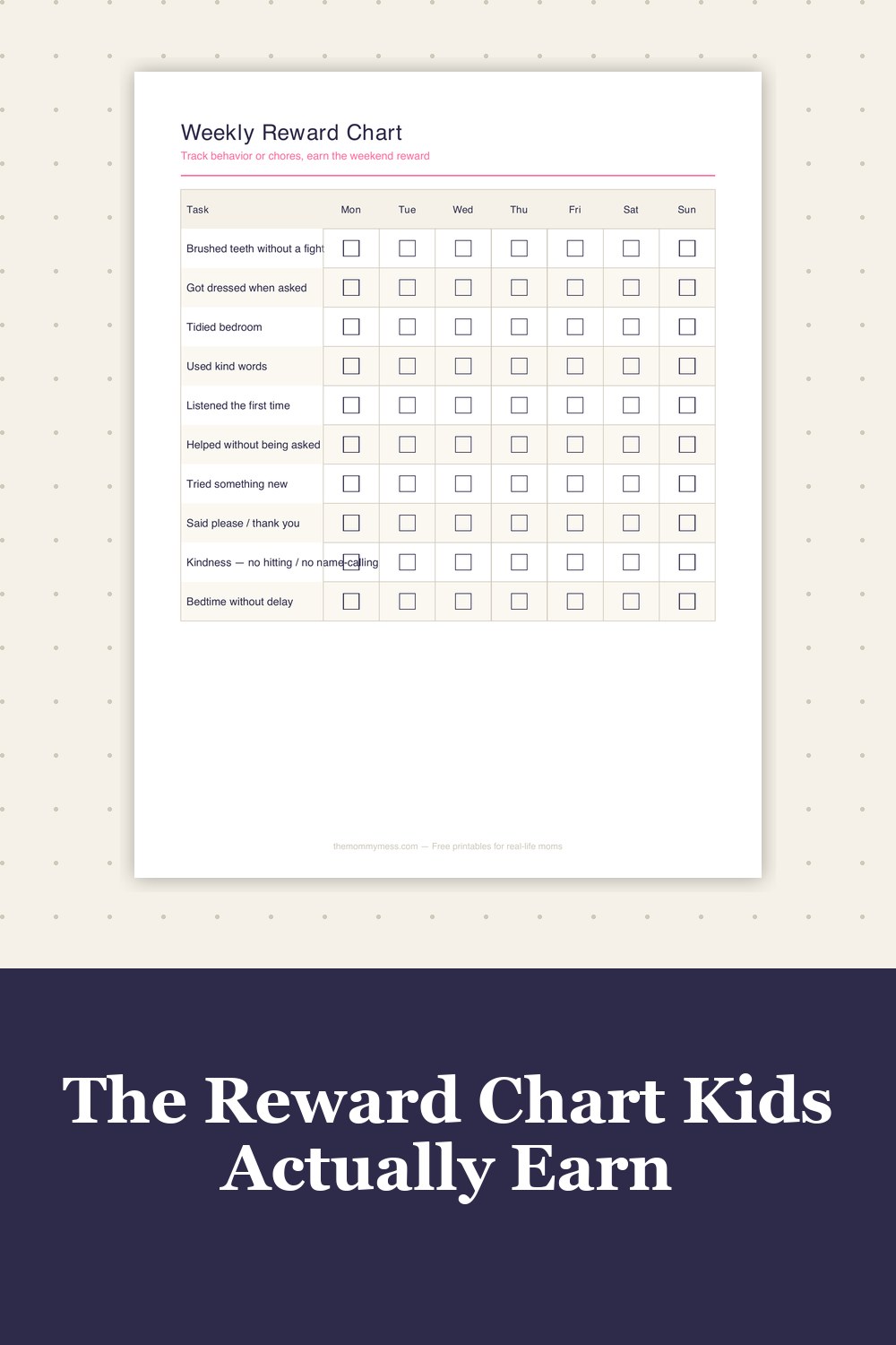 Free Printable Reward Chart preview — the weekly grid