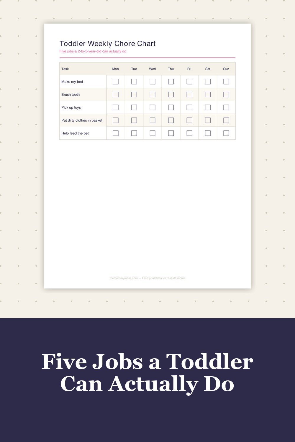 Toddler Chore Chart Printable preview — the five-job grid