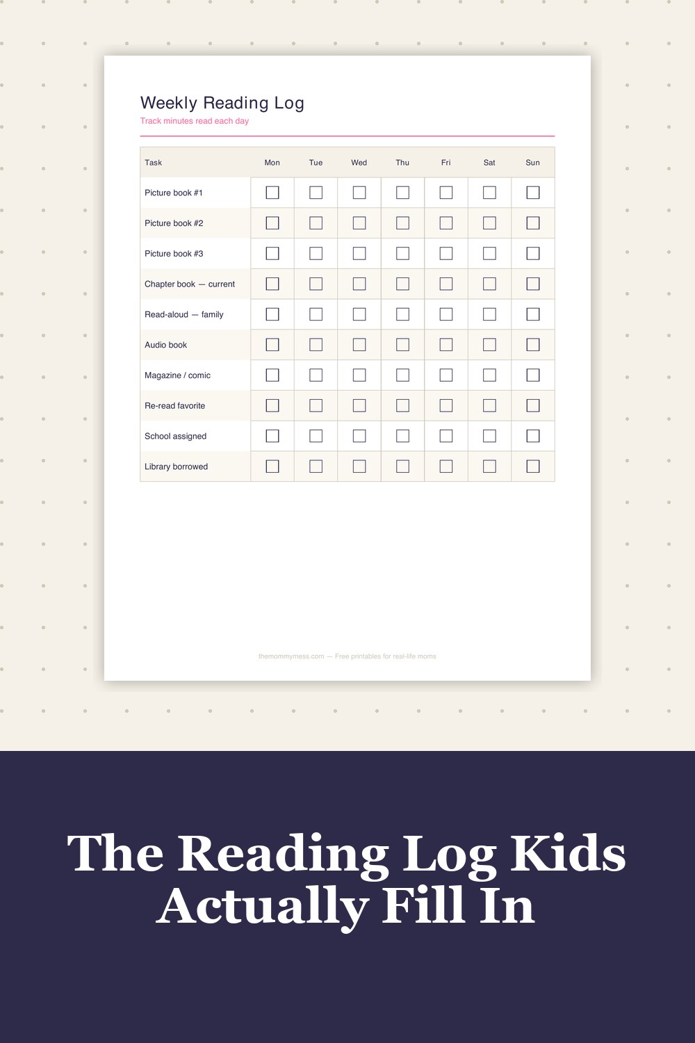 Free Printable Reading Log preview — the weekly grid