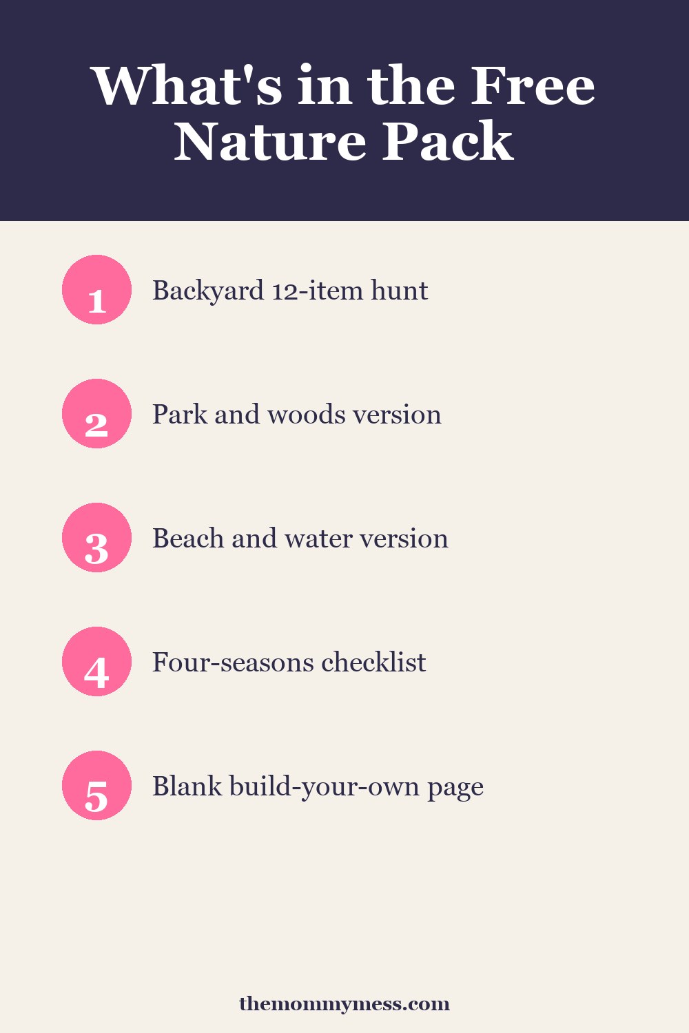 Free Nature Scavenger Hunt Printable five pages — what's included list